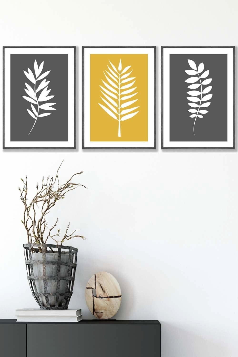 Grey Yellow Graphical Leaves Framed Wall Art - Medium